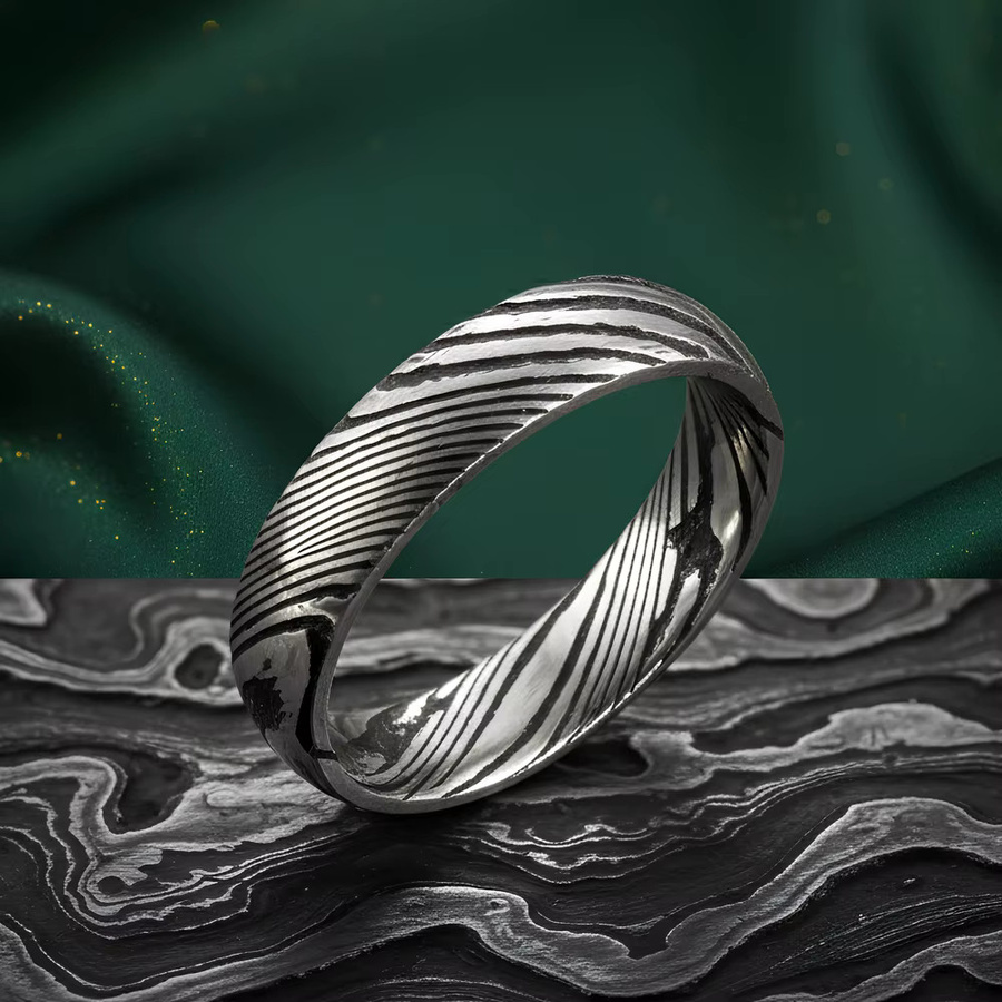 Herrenring Damaststahl, Edelstahl, Silber, minimalistisch - Bild 2