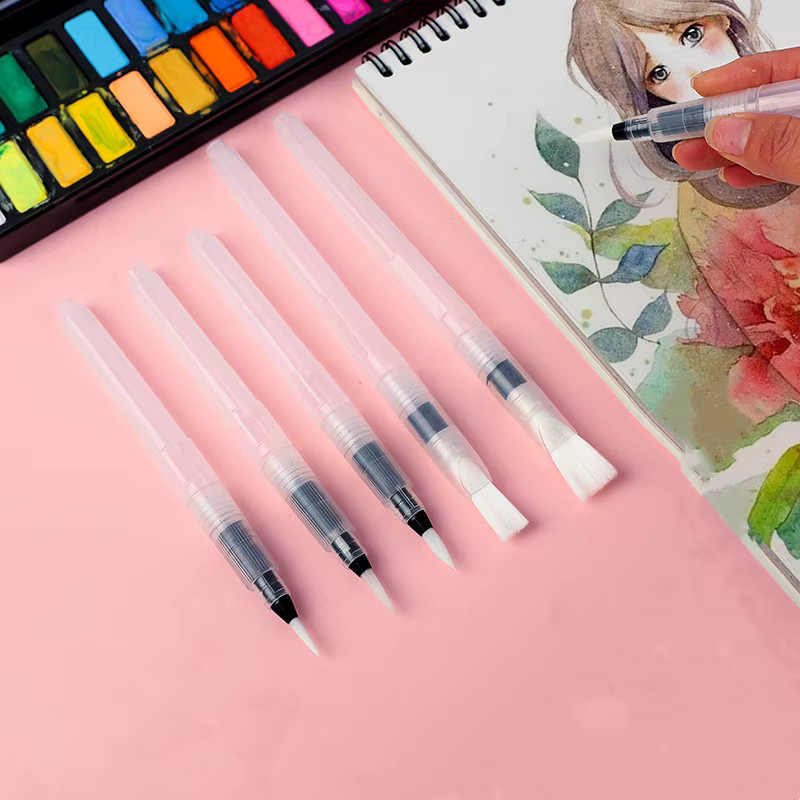 9er Set Wasserpinsel mit Nylonborsten und transparentem Aufbewahrungsbehälter für Aquarell und wasserlösliche Buntstifte - Bild 2