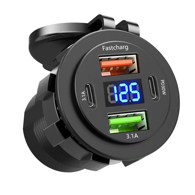 48W USB-Ladegerät mit vier Ports, PD und QC3.0, Digital-Display, Schwarz, für Auto, Wohnmobil, SUV und Boote - Bild 2