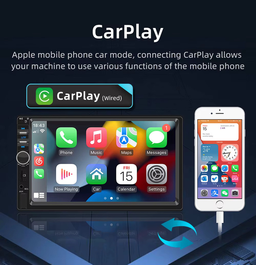 ESSGOO 7-Zoll Doppel-DIN-Autoradio mit Carplay, Android Auto, Touchscreen, Bluetooth, USB-A und AUX in Schwarz - Bild 2