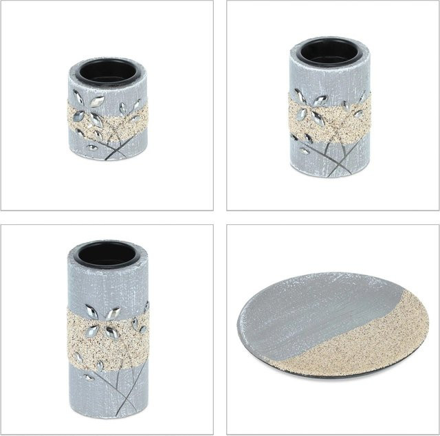 Relaxdays Teelichthalter Set mit Dekoschale aus MDF in Stein-Optik, Farben: Grau, Beige und Schwarz, B: 22 cm, H: 13,5 cm - Bild 1