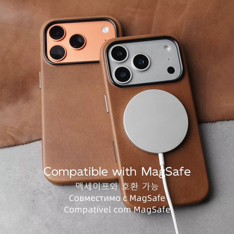 YMW Magnetische Echtledertasche für iPhone 17 16 Pro Max 15 14 kompatibel mit MagSafe in Braun im Retro-Design - Bild 4