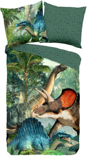 Good Morning Kinderbettwäsche Jurassic aus Baumwolle Renforce mit Dinosaurier-Motiv, Grün/Multicolor, Bettbezug 135 x 200 cm und Kissenbezug 80 x 80 cm - Bild 1