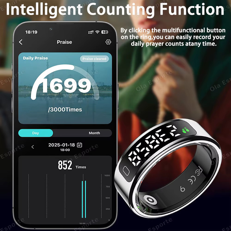 Ola Esporte Smart Ring mit GPS, LED-Anzeige, Herzfrequenz- und Blutsauerstoffmessung, IP68 und 5ATM wasserdicht, Unisex - Bild 4