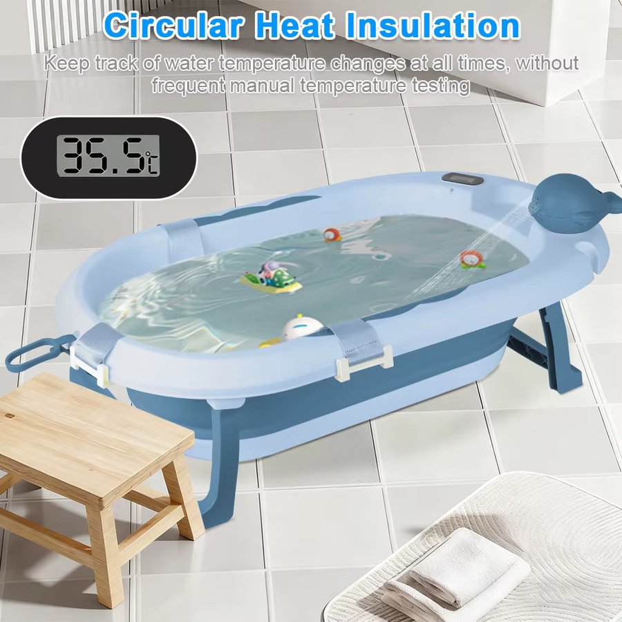 Faltbare Babybadewanne mit Stahlgestell und integriertem Thermometer für Kinder von 0 bis 3 Jahren, inklusive ergonomischem Kissen, Grau/Blau/Grün/Violett/Rosa - Bild 1