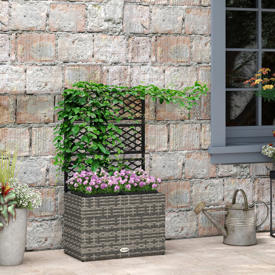 Outsunny Pflanzkübel mit Rankgitter und 2 Töpfen in Grau, Polyrattan und verzinktem Stahl, B/T/H: 57 x 30 x 107 cm - Bild 2