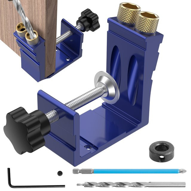 Toorise Pocket Hole Jig Einstellbarer Bohrer-Positionierer mit 15-Grad-Winkellochbohrer-Führungsset für Holzbearbeitung in Blau - Bild 1