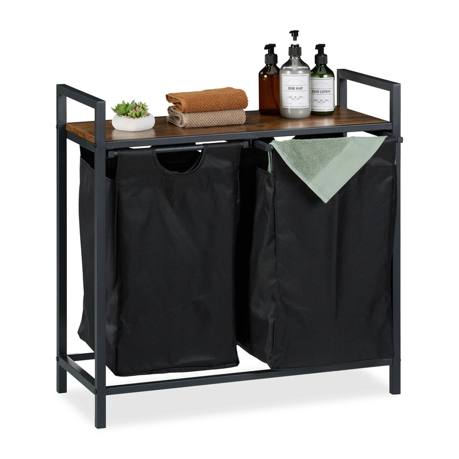Relaxdays Wäschekorbregal im Industrial-Design aus Metall und MDF, Schwarz und Dunkelbraun, B/T/H: 72 x 33 x 73 cm - Bild 2