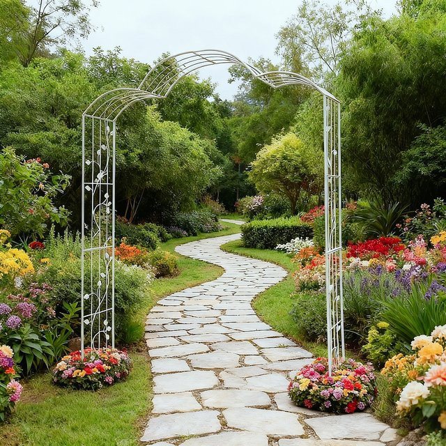 Schmiedeeisernes Bogenspalier in Weiß als dekoratives Klettergerüst für Rosen und Kletterpflanzen im Garten - Bild 1