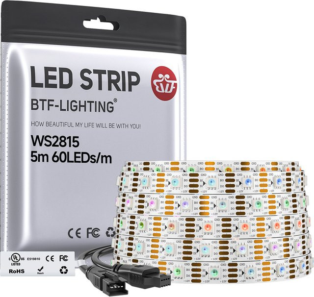 BTF-LIGHTING WS2815 RGBIC LED-Streifen mit 60 LEDs pro Meter, 12V DC, IP30, Multicolour, 5m Länge - Bild 1