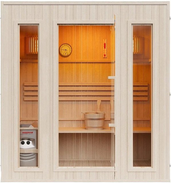 Vente-unique Finnische Sauna Ulvila aus kanadischem Kiefernholz, Naturfarben Hell/Beige, B/T/H: 180 x 120 x 190 cm - Bild 1