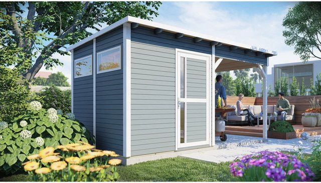 Bertilo Gartenhaus Pentus 2 Lounge in Grau aus FSC-zertifiziertem Holz mit Flachdach und modernem Design B/T/H: 447 x 234 x 232 cm - Bild 1