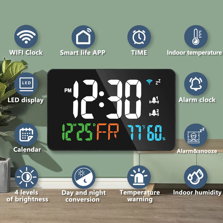 Tuya WiFi Digitale Tischuhr mit LED-Display, Kalender, Thermometer und Hygrometer in Weiß oder Schwarz - Bild 4