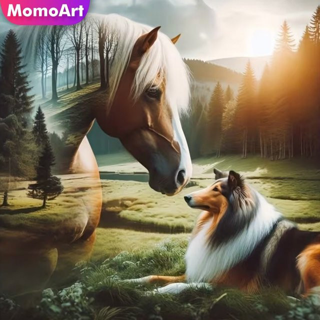 Momoart Diamantmalerei Hund und Pferd DIY Diamantmosaik Set mit bunten Strasssteinen für die Wandkunst - Bild 1