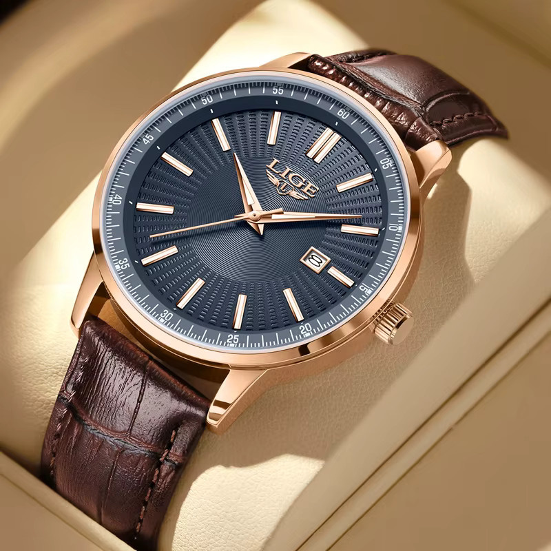 LIGE Armbanduhr Quarz, Leder, Schwarz, Roségold, Herren - Bild 2