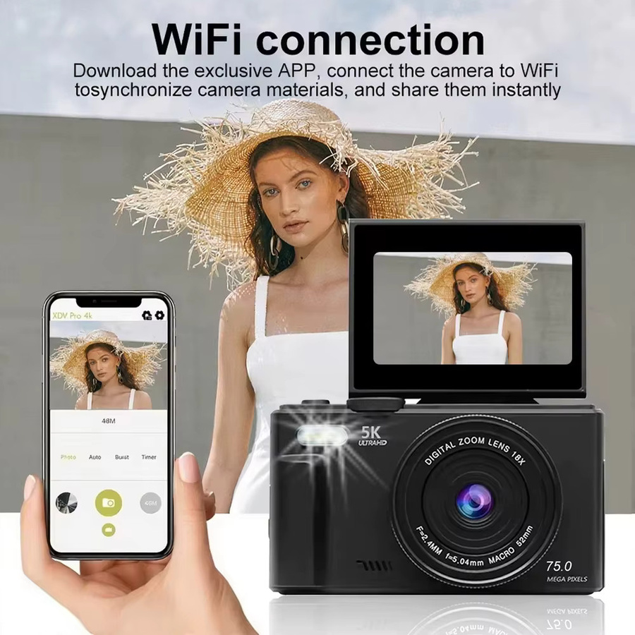 Ourlife 5K Kompakte Digitalkamera mit 18-fachem Digitalzoom und 180 Grad Flip-Screen für Vlogs und Reisen in Schwarz oder Weiß - Bild 2