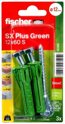 Fischer SX Plus Green Spreizdübel für Beton, Farbe: Grün, Länge: 60 mm, Durchmesser: 12 mm, 3 Stück - Bild 1