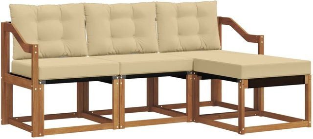 vidaXL Outdoor-Sofagarnitur 4-teilig in L-Form aus Akazienholz mit Textilene und Kissen, Natur und Beige - Bild 1