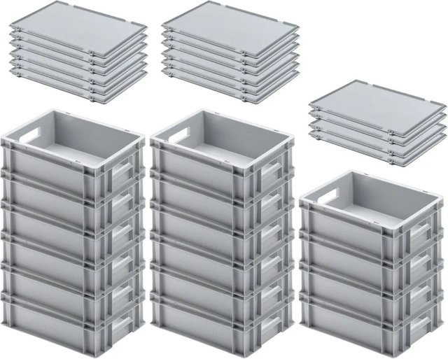PROREGAL SuperSparSet 16er Pack Eurobehälter mit Scharnierdeckel und offenem Griff, Grau, H x B x T: 12 x 30 x 40 cm, 11 Liter pro Box - Bild 1