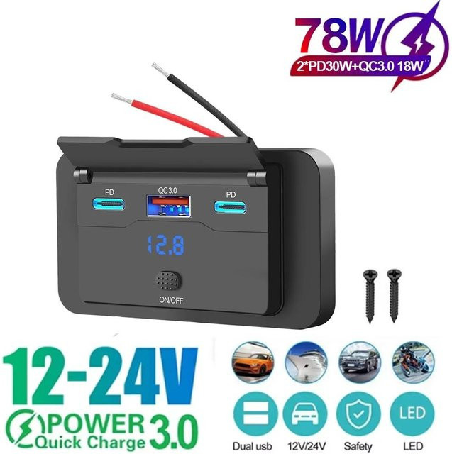 YJMP Auto Parts Kfz-Ladesteckdose mit Dual QC3.0 PD und 3 Anschlüssen in Schwarz für Bus, Wohnmobil und LKW (12V/24V) mit Spannungsanzeige - Bild 1