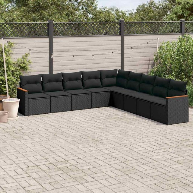vidaXL 9-tlg. Garten-Sofagarnitur aus Polyrattan in L-Form mit Kissen, Schwarz - Bild 3