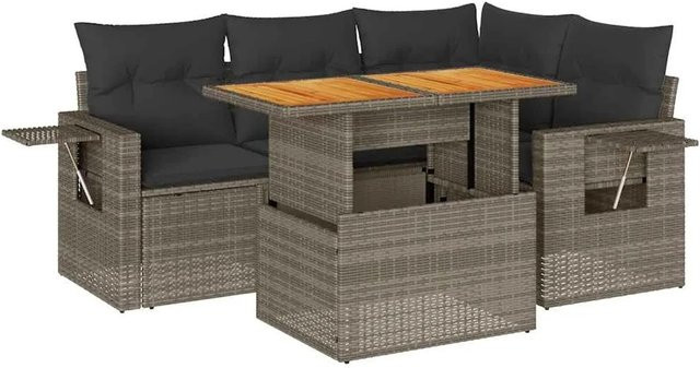 vidaXL 5-teilige Garten-Sofagarnitur in L-Form aus grauem Poly-Rattan mit Kissen und pulverbeschichtetem Stahlrahmen - Bild 1