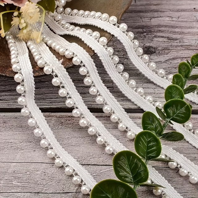 Weiße Imitationsperlen-Quastenspitze mit 6mm Perlenband, Länge: 9,14 Meter, ideal für DIY Handnähen sowie Kleidungs- und Hutdekoration - Bild 1