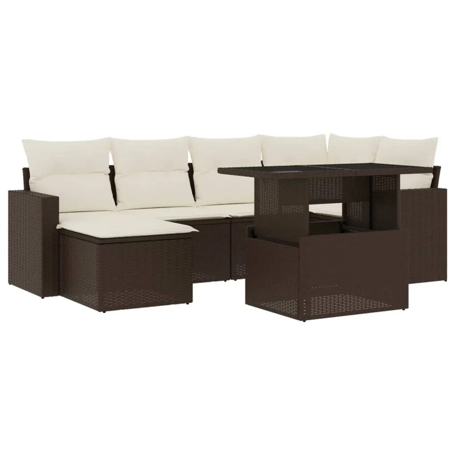 vidaXL 7-teilige Garten-Sofagarnitur in L-Form aus braunem Poly-Rattan mit cremeweißen Kissen und pulverbeschichtetem Stahlgestell - Bild 2