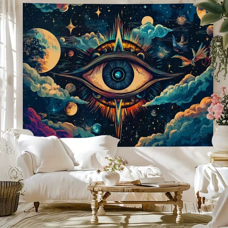 VIKAMA Wandbehang mit blauem Augen-Motiv, abstrakte Boho-Wandkunst im psychedelischen Design für dein Schlafzimmer oder Festival-Deko - Bild 2