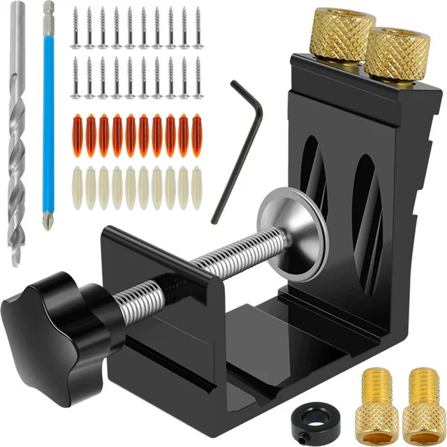 Toorise 47-teiliges Pocket Hole Jig Kit aus Metall in Schwarz für Holzbearbeitung mit 15 Grad Winkel Bohrführung - Bild 1