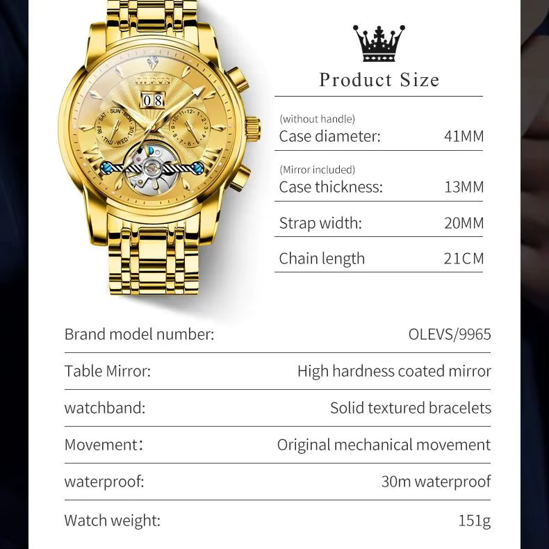 OLEVS Armbanduhr, Automatik, Edelstahl, Gold, Herren, Tag- und Datumsanzeige - Bild 5