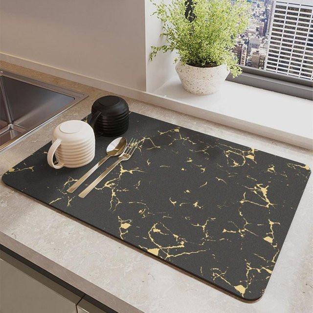 Saugfähige Küchen-Abtropfmatte von Yiran Furniture in Schwarz mit Marmor-Optik, B/B: 60 x 40 cm - Bild 1