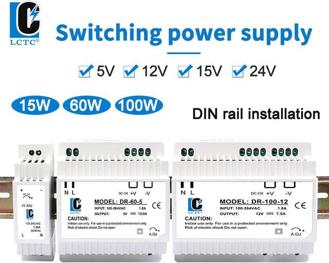 Lctc DR-15/60/100 Schaltnetzteil für DIN-Rail, Industriestromversorgung als Transformator in Weiß, wählbar zwischen 5V, 12V oder 24V mit 4,2A, 6,5A oder 7,5A - Bild 1