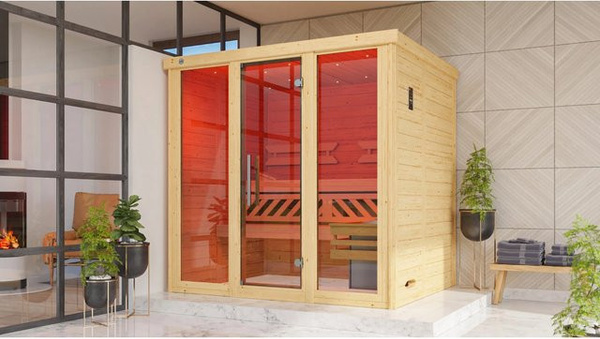 Weka Massivholzelementsauna Kemi Panorama in Anthrazit und Braun mit 7,5 kW Heizung, Glasfenster und Glastür