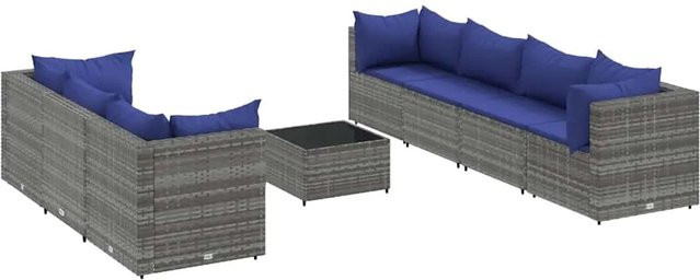 vidaXL 8-teiliges Garten-Lounge-Set in L-Form aus grauem Poly-Rattan mit Kissen und Couchtisch - Bild 1