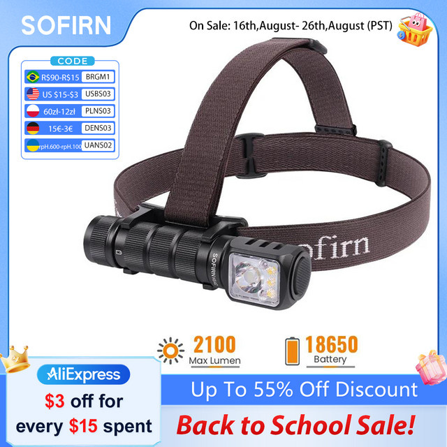 SOFIRN HS42 Stirnlampe mit 2100 Lumen, 6000K Multi-Lichtquellen, SST40 LED, Rotlicht und 3000mAh Akku, USB-C wiederaufladbar, Schwarz - Bild 1