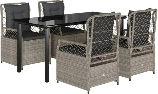 vidaXL 5-teilige Garten-Essgruppe aus Poly-Rattan mit Kissen in Hellgrau und schwarzem pulverbeschichtetem Stahl sowie Glastisch - Bild 1