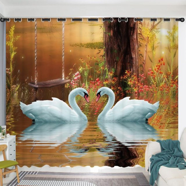 Yiran Furniture Schwan Halbverdunkelungsvorhang mit Grafik-Design, 2er-Set, Multicolour, B: 60 cm, H: 50 cm - Bild 1