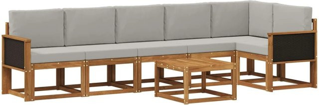 vidaXL Outdoor-Sofagarnitur aus Akazienholz und Polyester in L-Form, 7-teiliges Set, Braun und Hellgrau - Bild 1