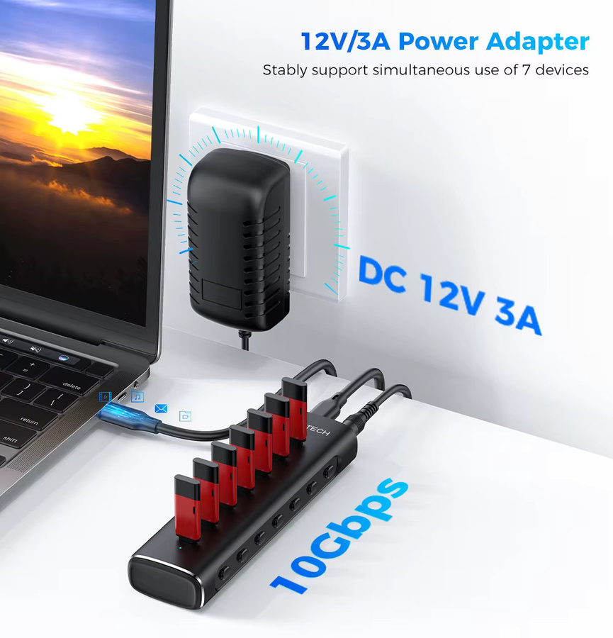 RSHTECH USB-C 3.2 Hub aus Aluminium in Schwarz mit 7 Anschlüssen, 10Gbps Datenübertragung und 12V/3A Netzteil - Bild 3