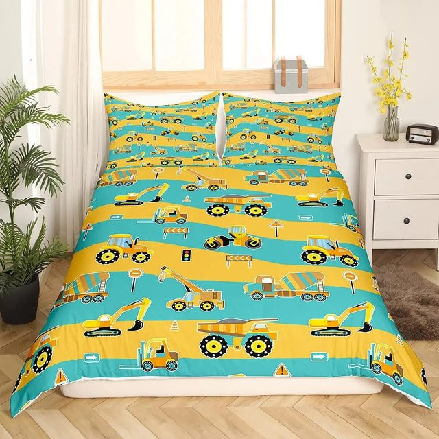 Bettwäsche Set mit Baufahrzeugen für Kinder aus Polyester, Design Bagger und LKW, Farbe Gelb, B/H: 140 x 210 cm, inklusive 2 Kissenbezüge 50 x 70 cm - Bild 1