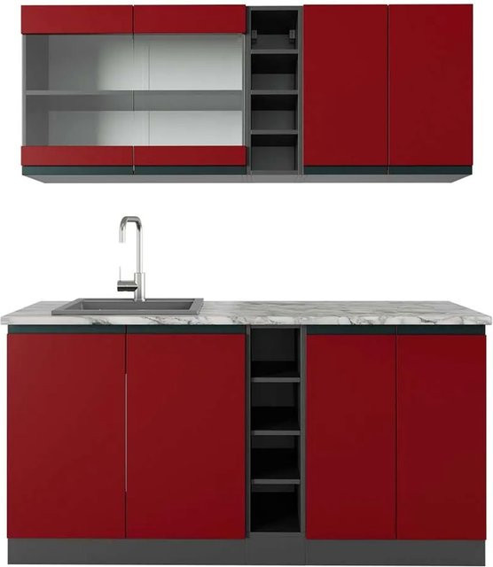 Vicco R-Line Singleküche modern in Rot und Anthrazit mit Marmor-Optik, Breite: 160 cm - Bild 1