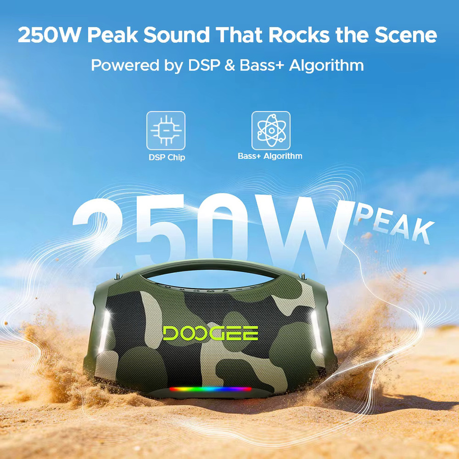 DOOGEE Wild Boom Pro Bluetooth Speaker, 250W RMS Boombox, IP55 wasserfest, tragbarer Outdoor Lautsprecher mit farbiger Beleuchtung, Schwarz - Bild 2