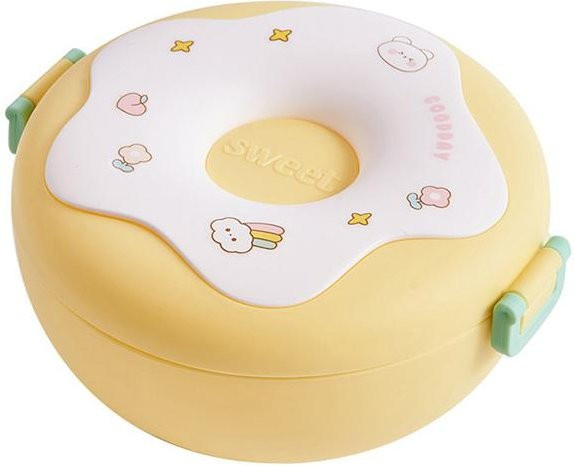 Auslaufsichere Bento-Box von chenxiaogang für Kinder mit Donut-Cartoon-Design, gelbe Lunchbox mit 3 Fächern, Besteck und mikrowellengeeignet - Bild 1