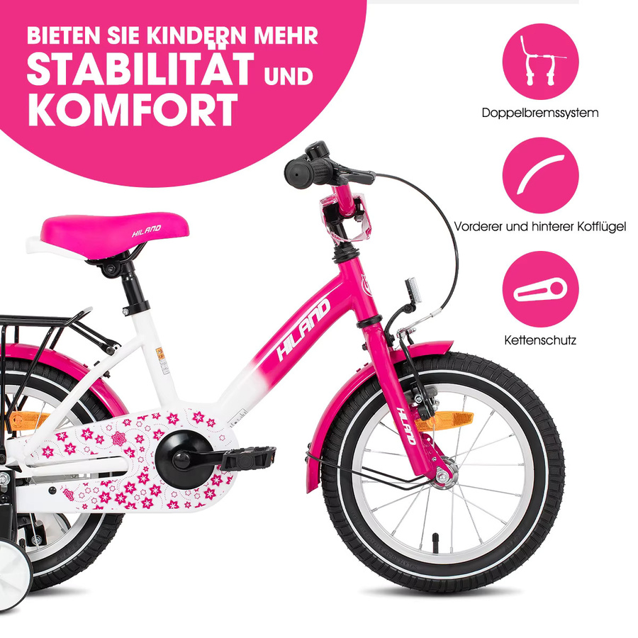 HILAND Kinderfahrrad Mädchenfahrrad, mit Stützrädern, Handbremse, Rücktrittbremse, Gepäckträger - Bild 2
