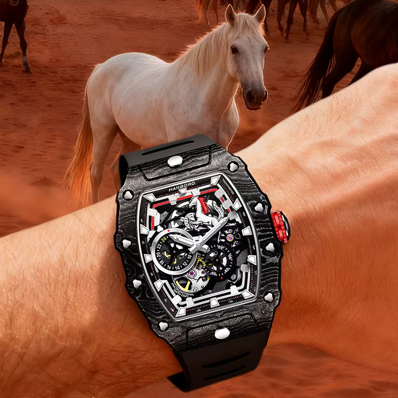 HANBORO Armbanduhr, Automatik, Kohlefaser, Schwarz, Herren - Bild 3