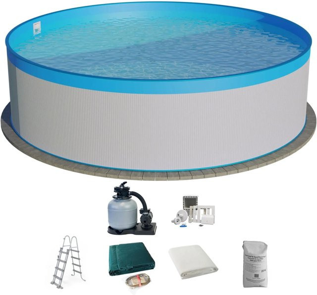 Waterman Stahlwandpool Set 7-teilig Hoch Rund in Weiß und Blau, Durchmesser: 300 cm, Höhe: 90 cm - Bild 1