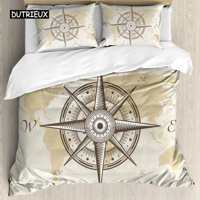 Bettwäscheset Kompass Antik mit Entdeckungsschiff und Piratenmotiv von Binchi Outdoor Product, Farbe Beige, Material Polyester, B/H: 228 x 228 cm - Bild 1