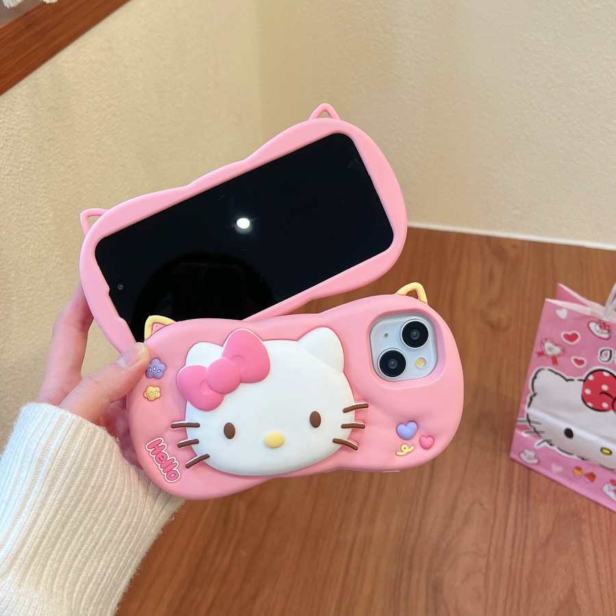 Sanrio Hello Kitty Handyhülle aus weichem Silikon mit 3D-Kopfgriff und Umhängeband für iPhone 12 bis iPhone 17 Pro Max, Farbe: Pink - Bild 2