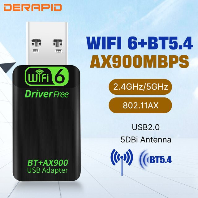 DERAPID AX900 WiFi 6 und Bluetooth 5.4 USB-Adapter in Schwarz für PC und Laptop mit Dual-Band 2,4G & 5GHz - Bild 1